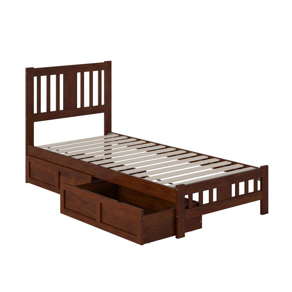 Walnut Wood Twin XL Bed with Headboard and 2 Drawers