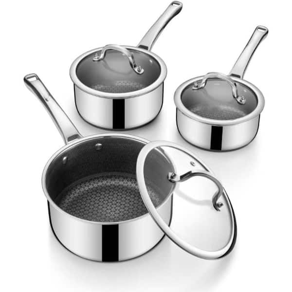 3-Piece 3.5 qt. 2.5 qt. 1.5 qt. Nonstick Stainless Steel Sauce Pan with Lid 5-Layer Composite Steel