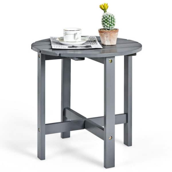 Clihome 18 in. Gray Round Wood Outdoor Patio Side Slat End Coffee Table