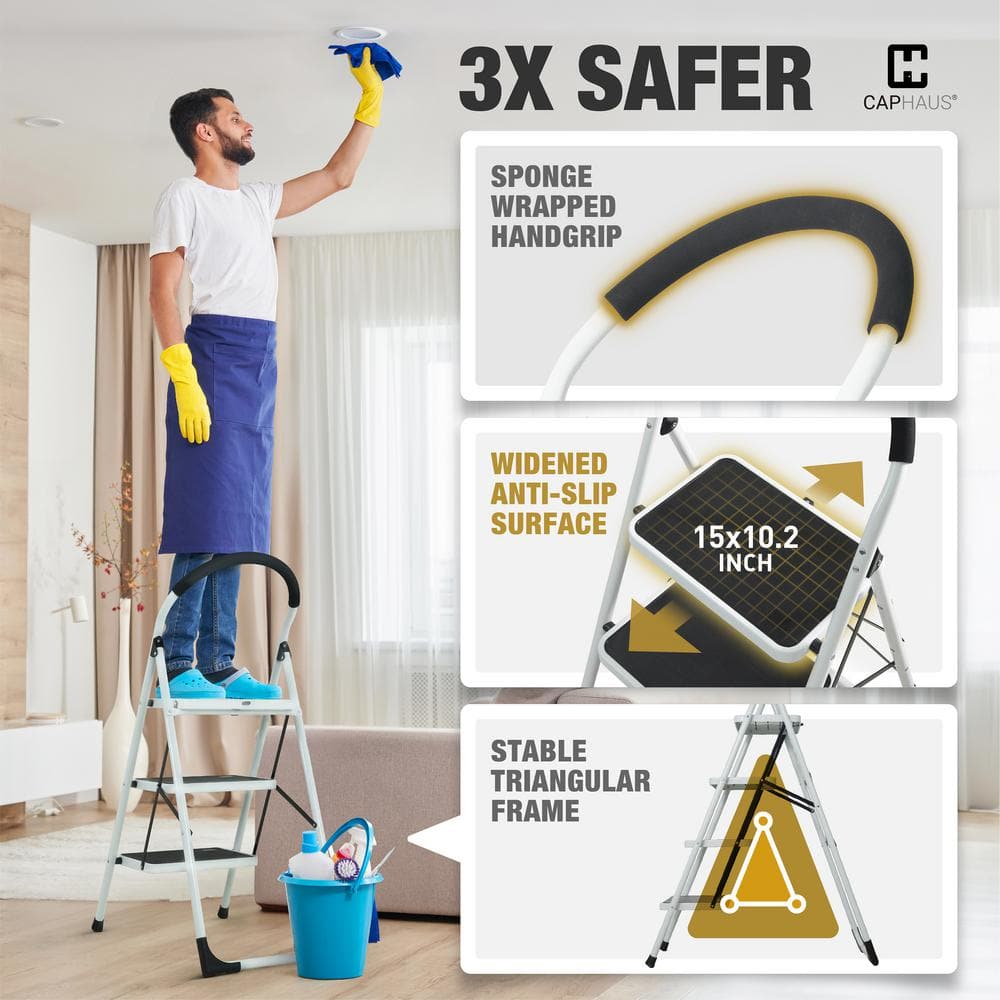 White 2-Step Folding Ladder with Anti-Slip Pedals