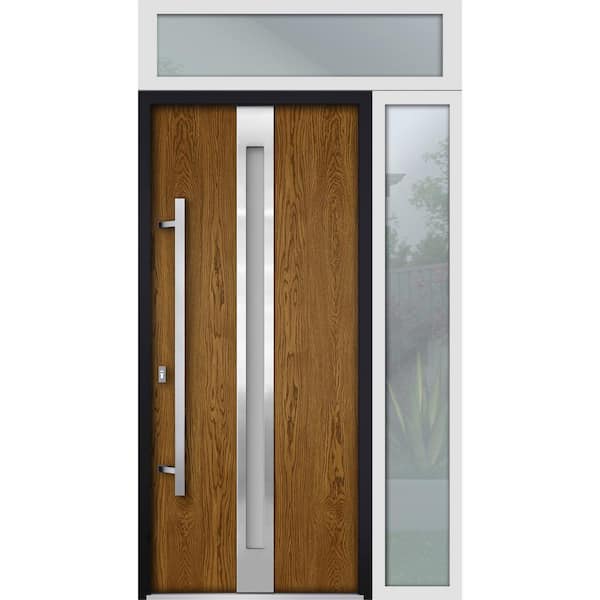 VDOMDOORS 50 in. x 96 in. Right-Hand/Inswing 2 Sidelights Frosted Glass Oak Steel Prehung Front Door with Hardware