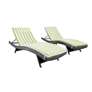 Miller Grey Armless 2-Piece Faux Rattan Outdoor Chaise Lounge Set with Green/White Stripe Cushions