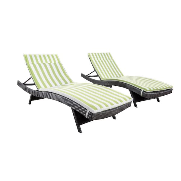 Noble House Miller Grey Armless 2-Piece Faux Rattan Outdoor Chaise Lounge Set with Green/White Stripe Cushions