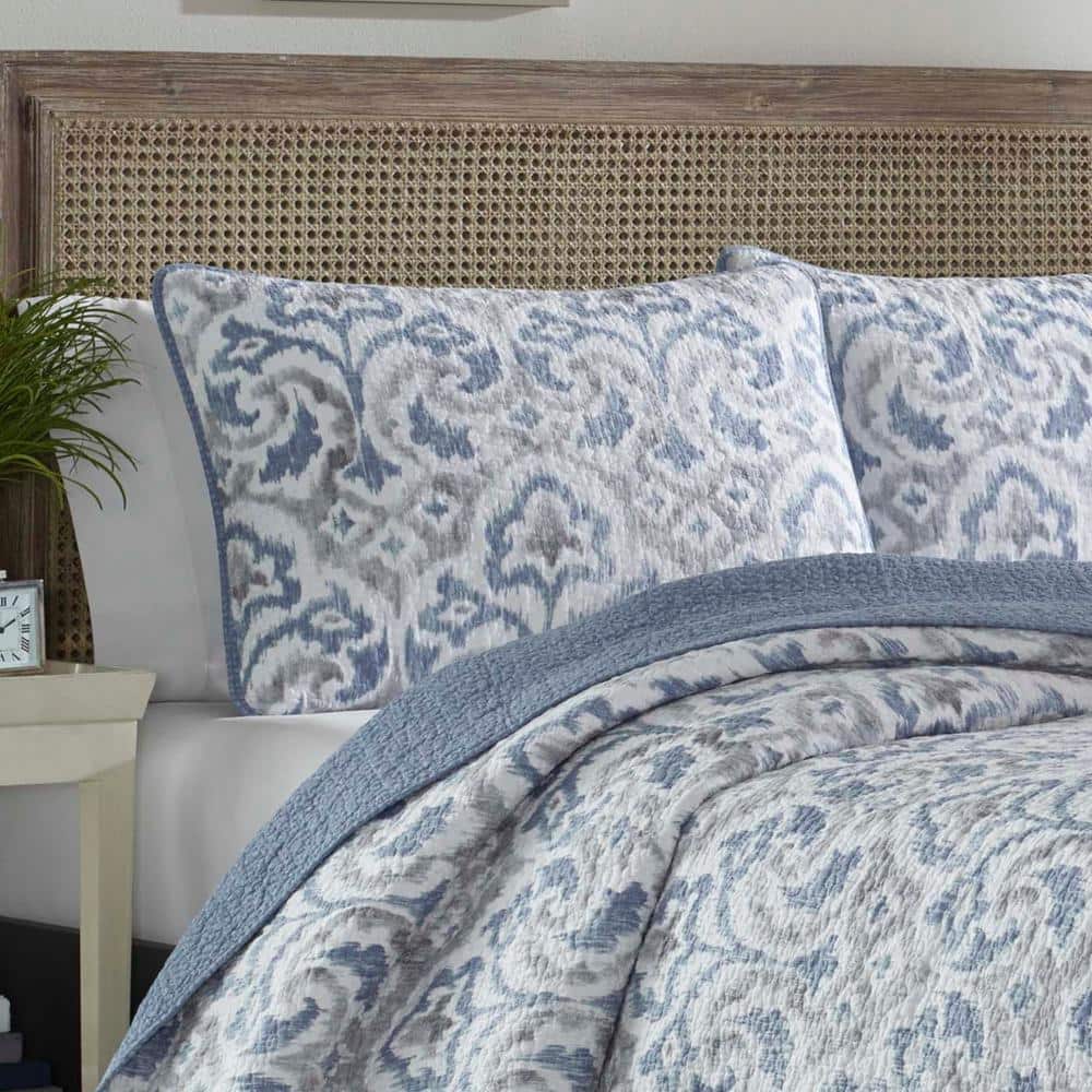 Full Blue Cotton Reversible Quilt Set