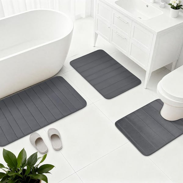 Gray 3 Piece Memory Foam Bathroom Rug Sets Absorbent Bath Mat for Bathroom Non-Slip Dry Quickly Bath Rug for Tub Toilet