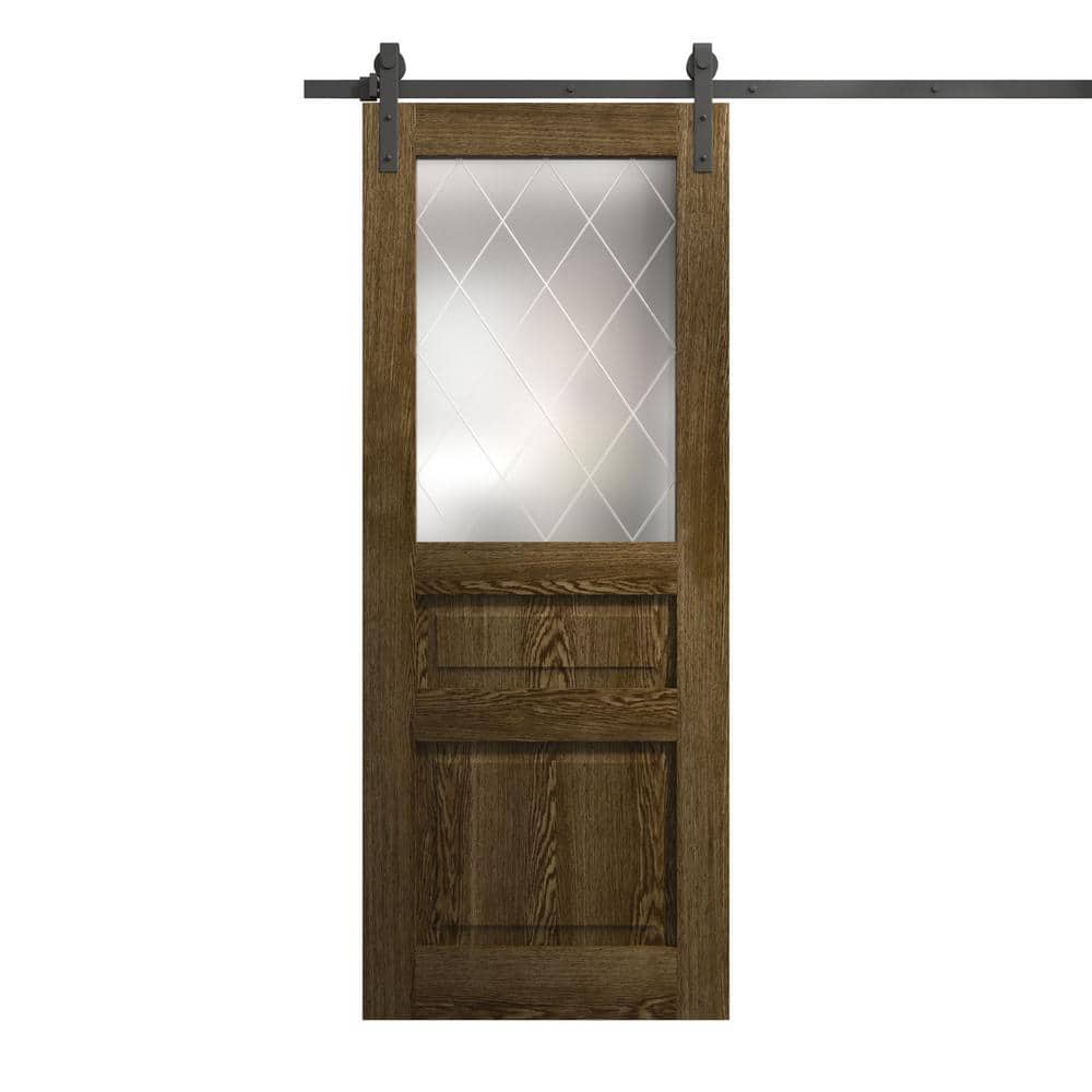 UPC 197890907356 product image for 18 in. x 84 in. Frosted Glass Marble Oak Solid Wood Single Barn Door Slab With H | upcitemdb.com