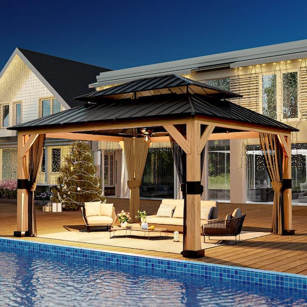 13 ft. x 11 ft. Double Galvanized Steel Roof Cedar Wood Frame Outdoor Patio Hardtop Gazebo with Mosquito Netting