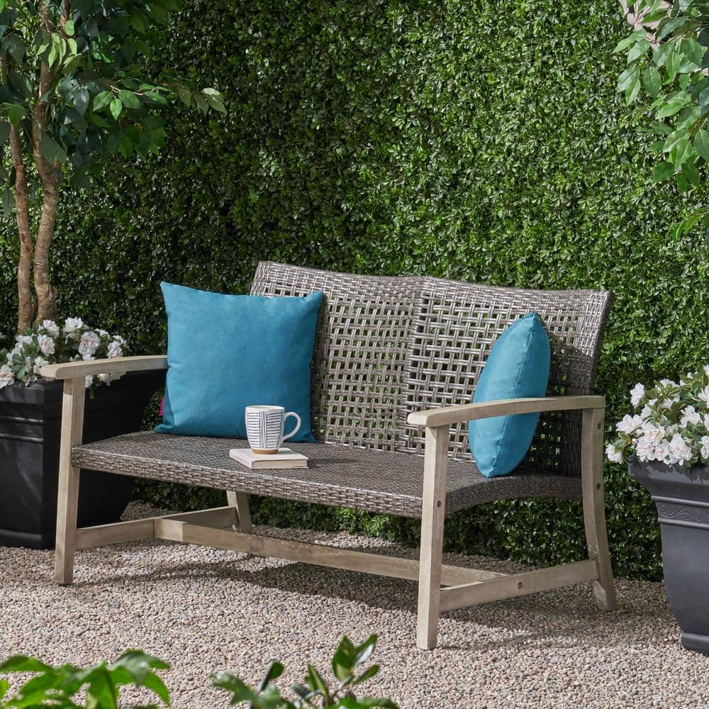 Wooden plus Wicker Outdoor Fashion Loveseat Sofa Suitable for Backyard Terr