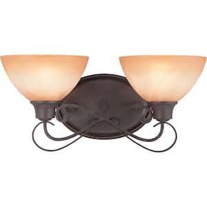 Altamonte 17.75 in. 2-Light Frontier Iron Bath and Vanity Light with Amber Alabaster Glass Bowl Shades