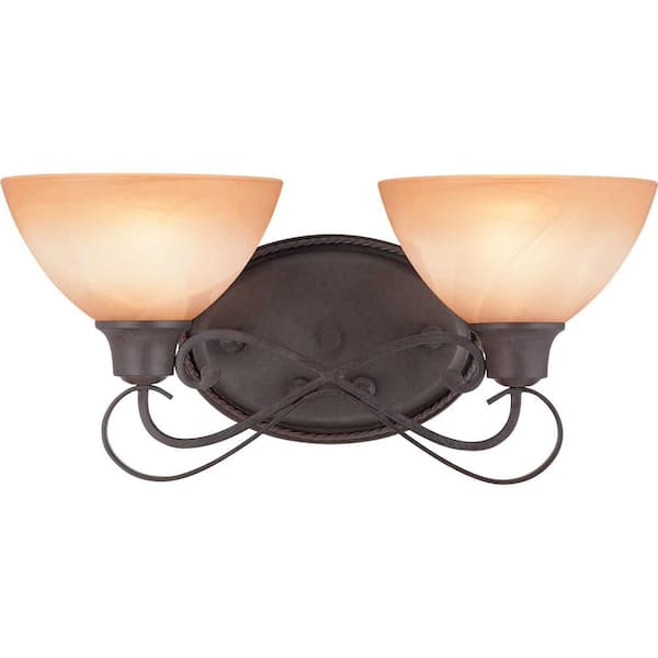 Volume Lighting Altamonte 17.75 in. 2-Light Frontier Iron Bath and Vanity Light with Amber Alabaster Glass Bowl Shades