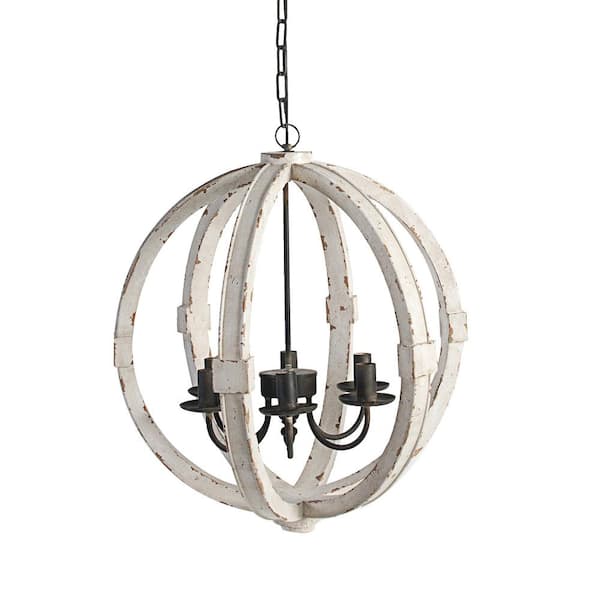 22 in. 6-Light White Retro Cage Wood Chandelier with Wood Shade