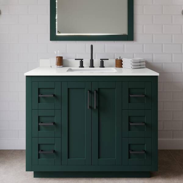 Wyndham Collection Miranda 42 in. W x 22 in. D x 33.75 in. H Single Bath Vanity in Green with White Quartz Top and 34 in. Mirror