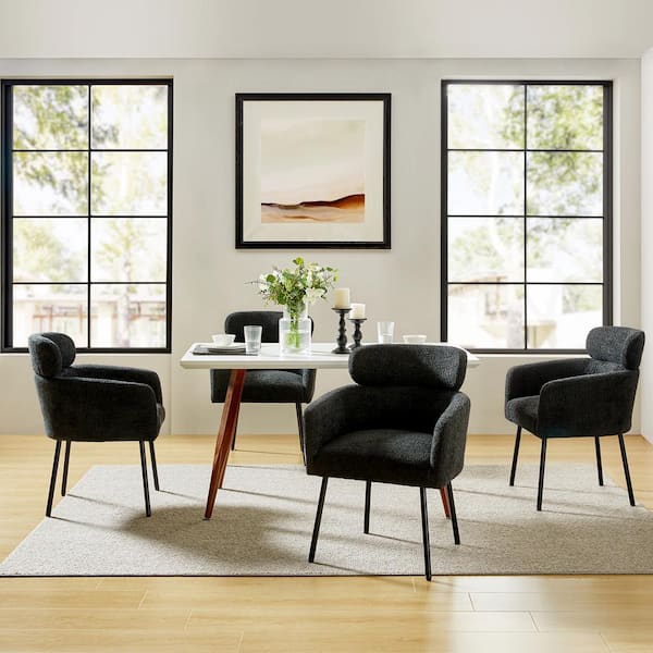 JAYDEN CREATION Andrew Black Modern Boucle Lambswool Dining Chair with Metal Legs Set of 4