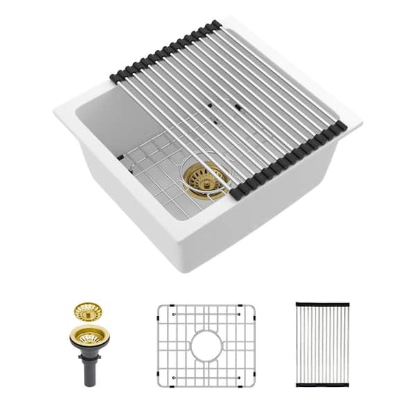 17.71 in. Undermount Single-Bowl Quartz Granite Composite Kitchen Sink in White with Bottom Grids