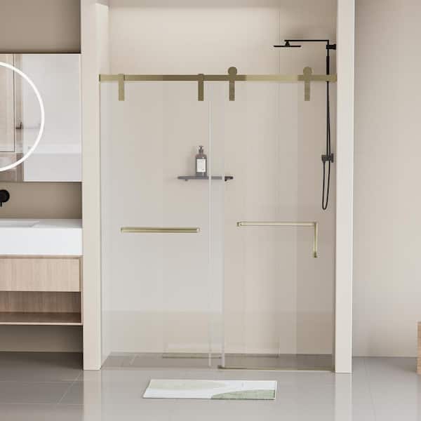 ANGELES HOME 60 in. W x 76 in. H Frameless Soft-closing Single Sliding Shower Door with 5/16 in. (8 mm) Clear Tempered Glass, Gold