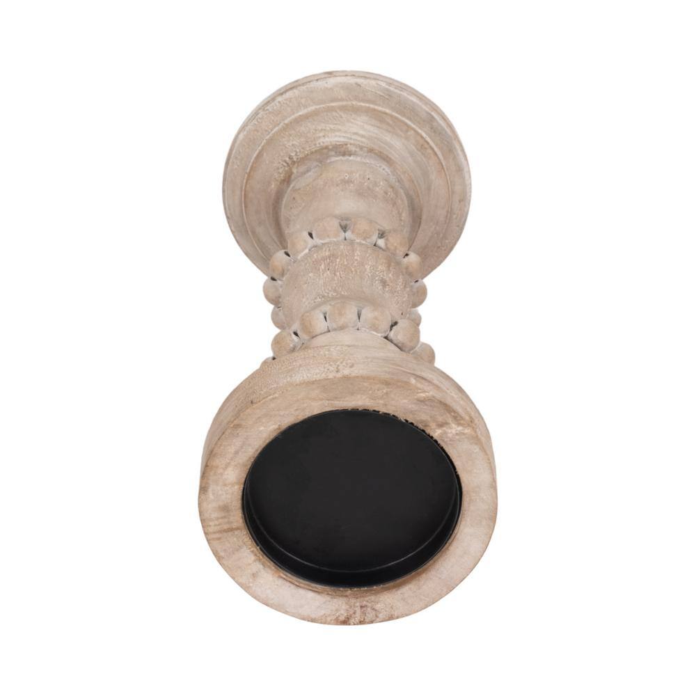 Ivory Distressed Wood Tabletop Candlestick with Decorative Beads