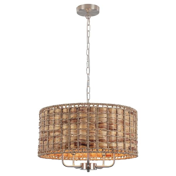 LWYTJO 5-Light Nickel Drum Bohemian Chandelier with Hand Woven Shade
