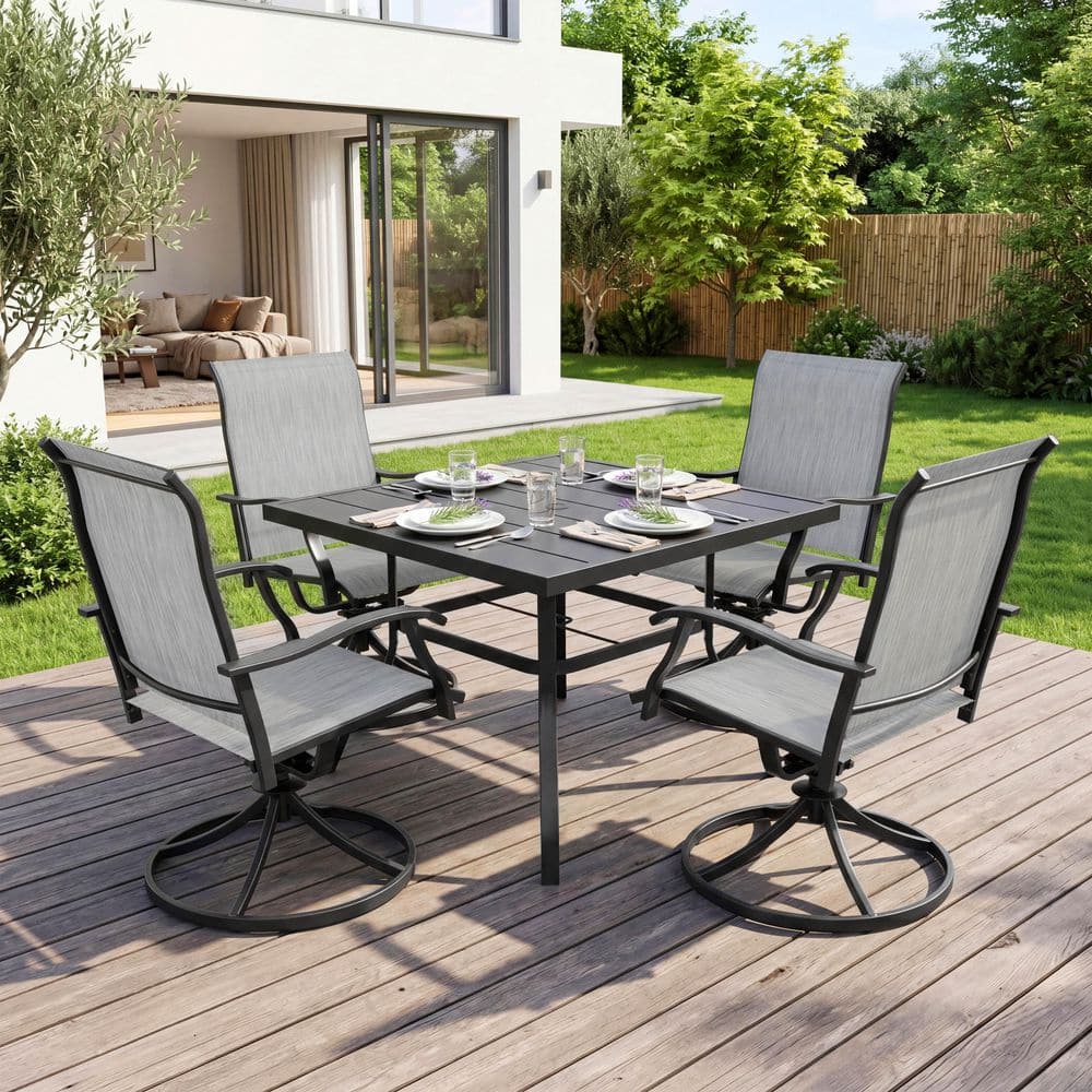 Black 5-Piece Metal and Textilene Square Outdoor Dining Set with Umbrella Hole, Powder-Coated Metal Frame, Swivel Chairs price history on PriceWatchPro