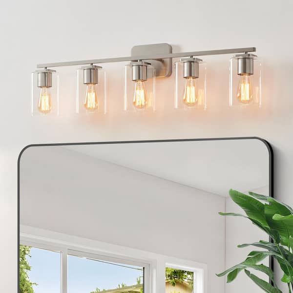 35.5 in. 5-Light Brushed Nickel Clemmon Vanity Light with Square Glass Shade