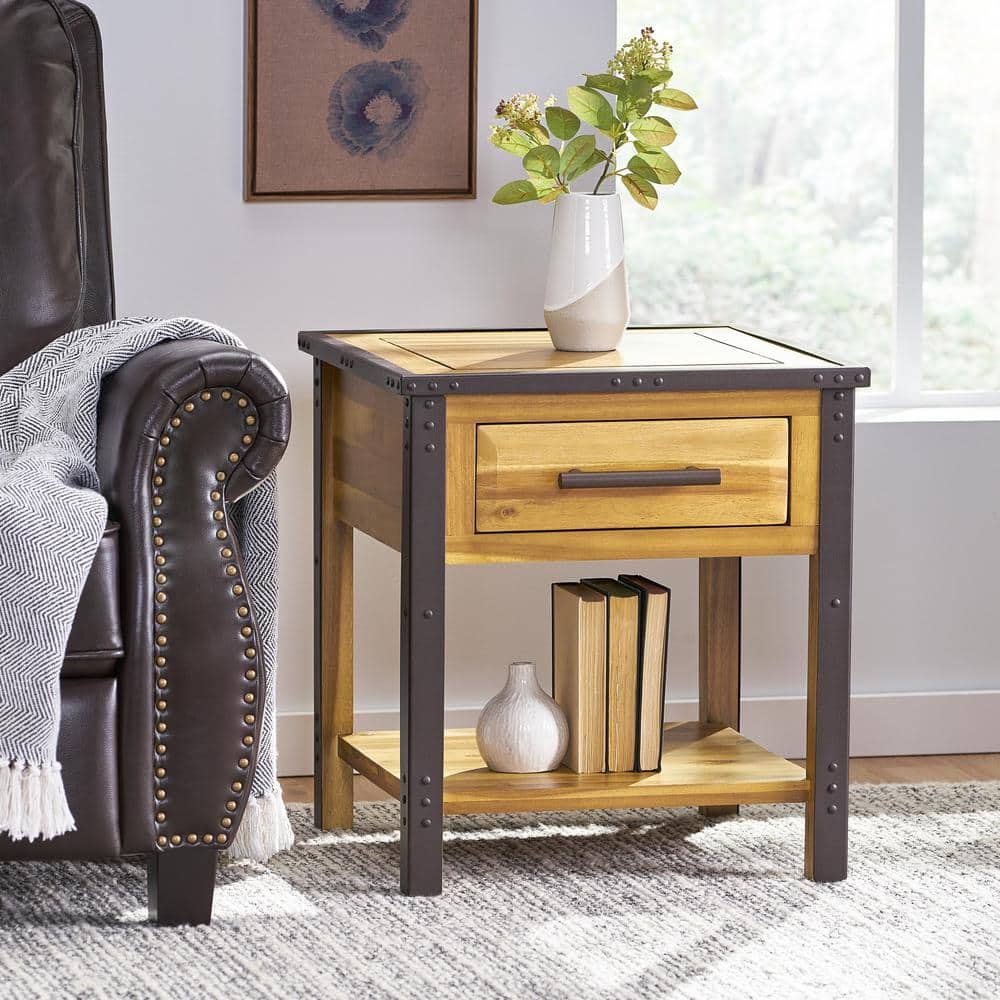 Luna Natural Stained Brown Acacia Wood End Table with Metal Frame