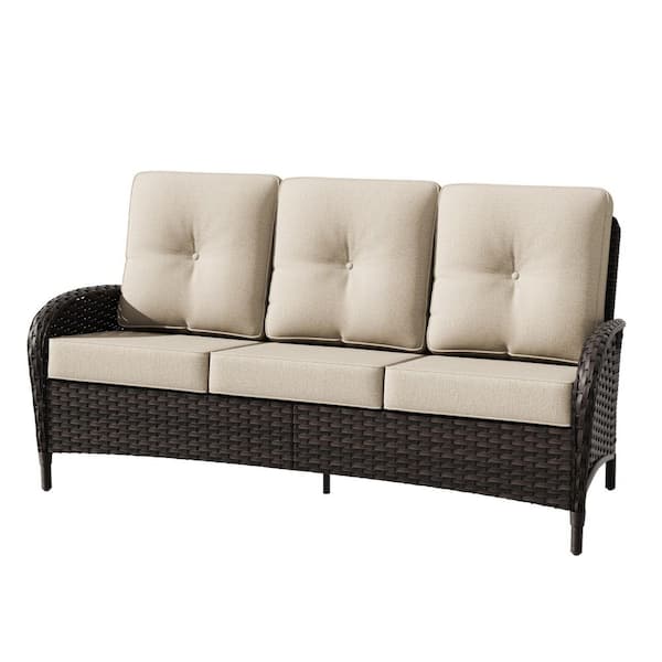 JOYSIDE 3-Seat Deep Brown Wicker Outdoor Couch Patio Sofa with