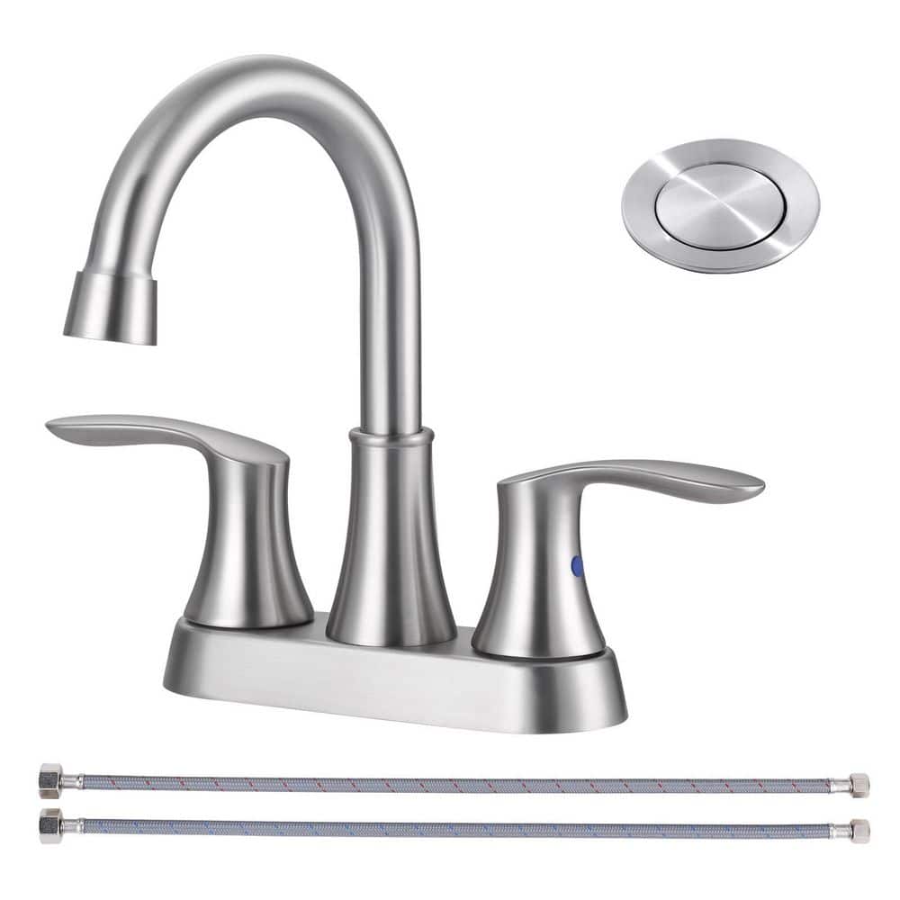 4 in. Centerset Double Handle High Arc Stainless Steel Bathroom Faucet with Deckplate and Pop Up Drain in Brushed Nickel price history on PriceWatchPro