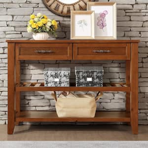 Retro and Modern Design 42 in. Brown Rectangle Solid Wood Console Table Sofa Table with 2 Drawers and 2 Open Shelves