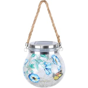 5.5 in. Solar Lantern Hanging Butterfly Crackle Glass Ball Fairy Lights Glass Jar White Outdoor Hanging Lamp