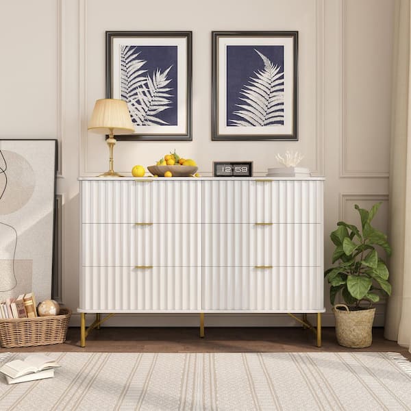 Modern White 6-Drawer Accent Storage Cabinets 31.5 in. H Chest with Arched Grooved Panels and Crossbar Metal Legs