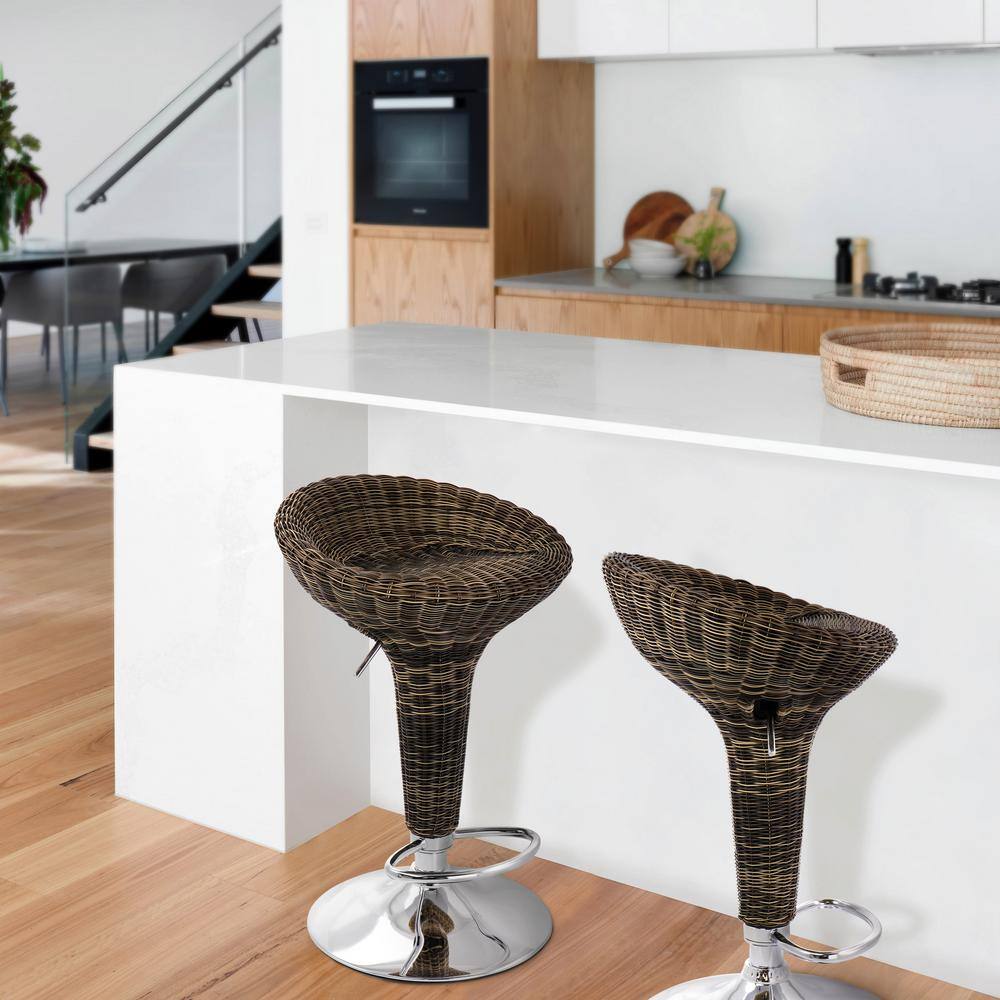 Adjustable Brown Wicker and Chrome Swivel Bar Stools, Set of 2