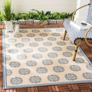 Beach House Blue/Cream Doormat 2 ft. x 4 ft. Border Geometric Floral Indoor/Outdoor Area Rug