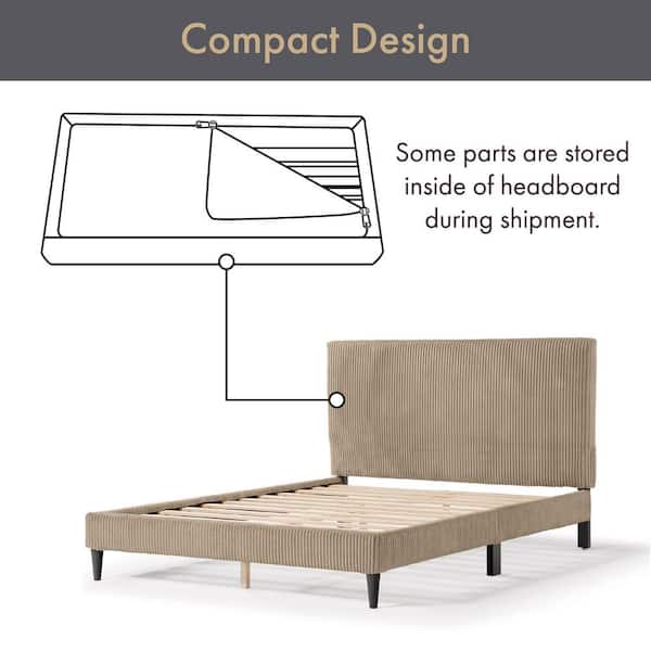 Claude Beige Wood Frame Queen Platform Bed With Removable Corduroy Cover