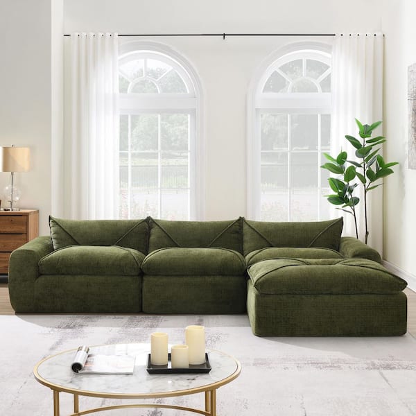 116 in. Square Arm Chenille Sofa in Green with High Density Foam