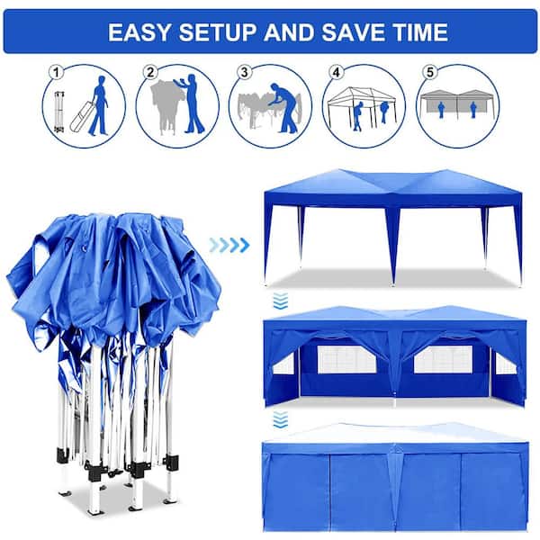 10 ft. x 20 ft. Pop Up Canopy Outdoor Portable Garage Party Folding Tent with 6 Removable Sidewalls + Carry Bag, Blue