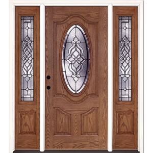 63.5 in.x81.625 in. Lakewood Patina 3/4 Oval Lt Stained Medium Oak Right-Hand Fiberglass Prehung Front Door w/Sidelites