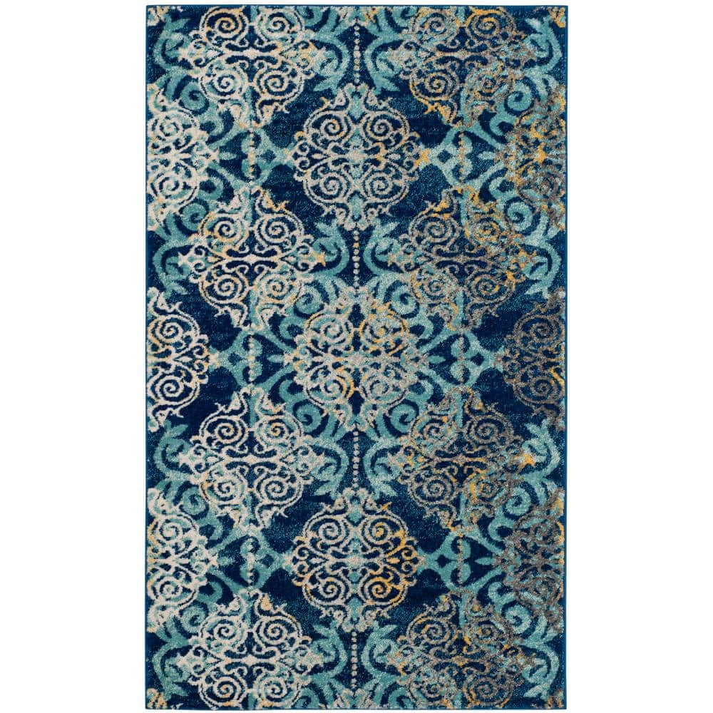 Royal and Light Blue Synthetic 3' x 5' Damask Area Rug