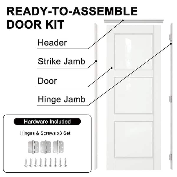 36 in. x 80 in. Right-Hand 3-Lite Frosted Glass White Wood Assembly Required Interior Door Kit w/Separate Jamb
