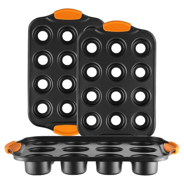 12-Cup Carbon Steel Nonstick Mini Cheesecake Pan Removable Bottom Silicone Handle Muffin Mold Orange 3-Pack