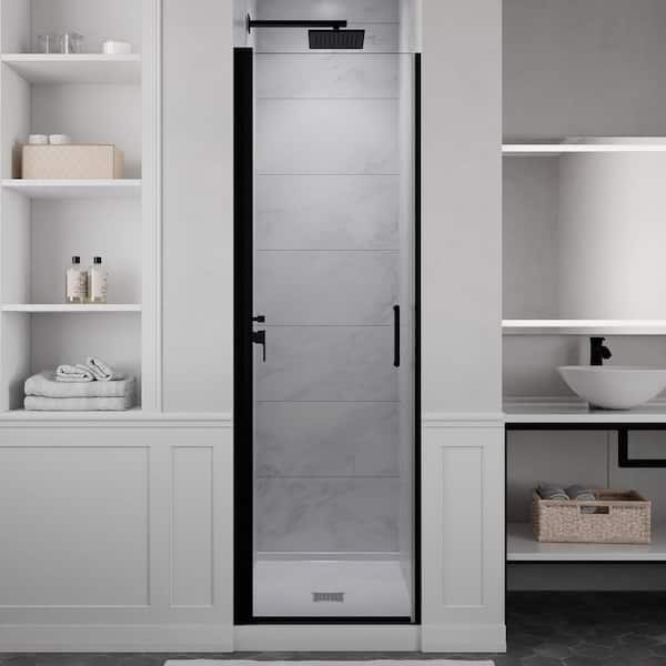 Lancer Series 24 in. x 72 in. Semi-Frameless Shower Door with Hinged in Matte Black with Tsunami Guard Clear Glass