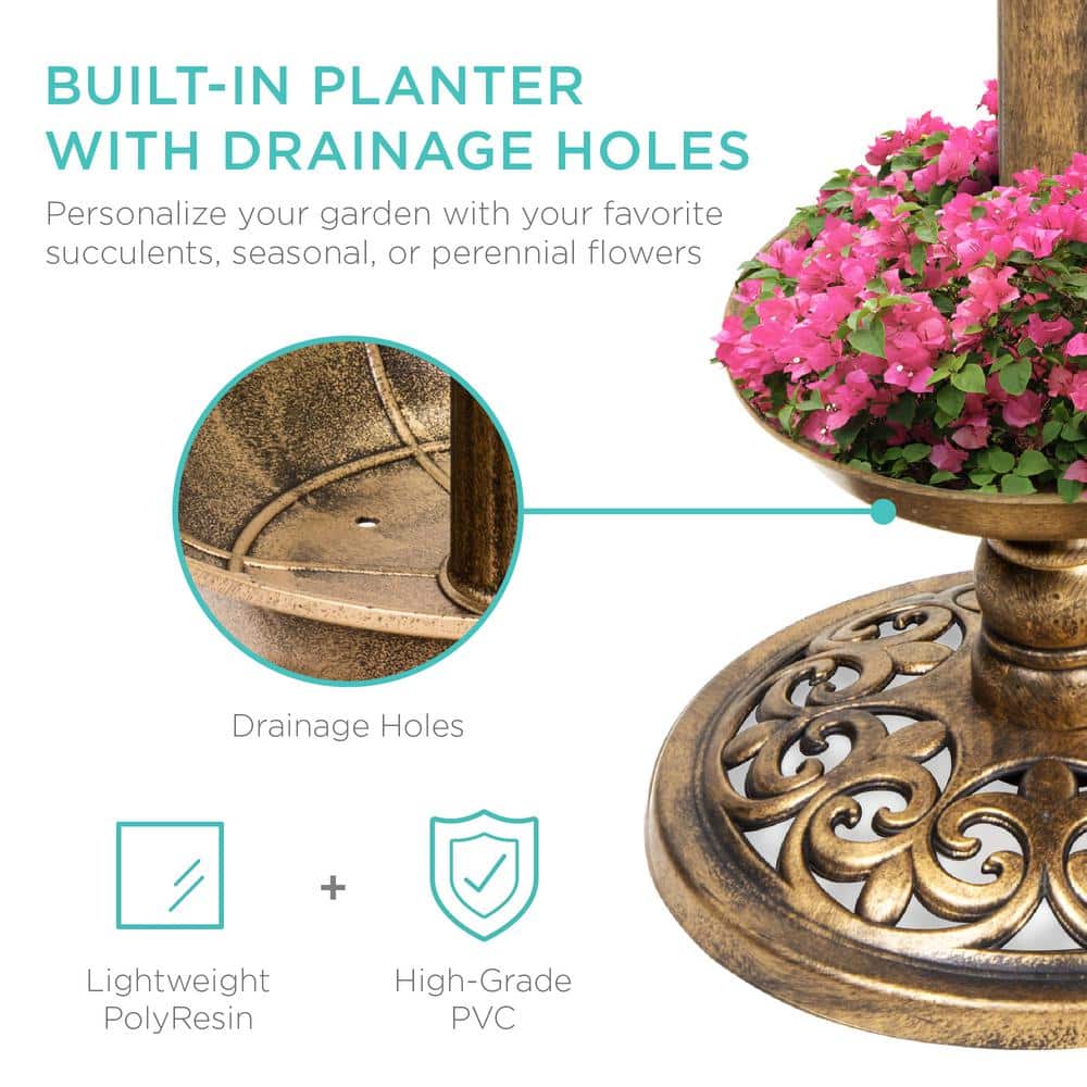 Bronze Solar Lighted Pedestal Bird Bath with Planter
