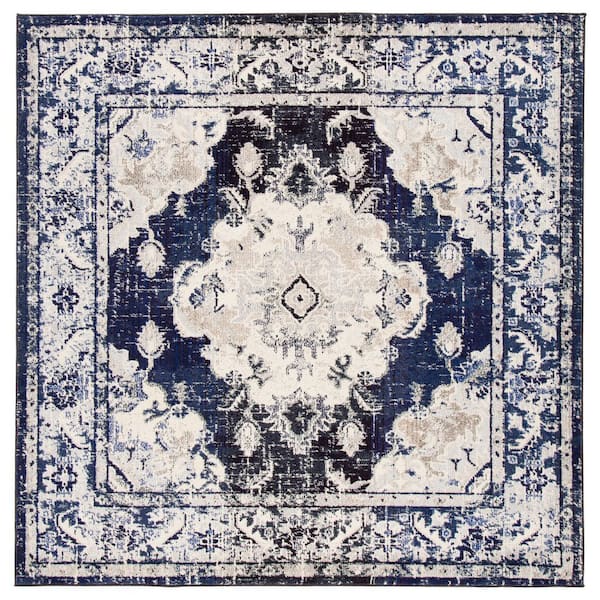 SAFAVIEH Monaco Ivory/Navy 7 ft. x 7 ft. Distressed Border Medallion Square Area Rug