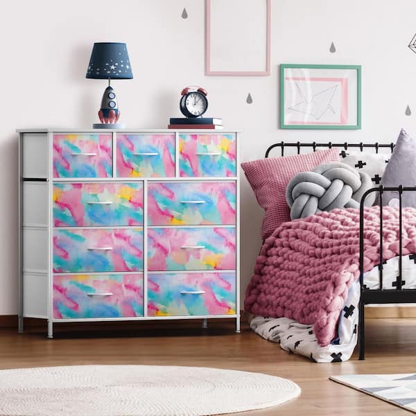 Dresser with Steel Frame, Wood Top and Easy Pull Fabric Bins, Multicolored 9-Drawer 39.5 in. Wide Dresser without Mirror