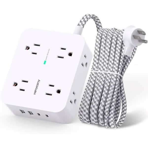 Ahfiwaso 8-Outlet Power Strip Surge Protector with 4-USB (2-USB C) and 5 ft. Braided Extension Cord Flat Plug in White