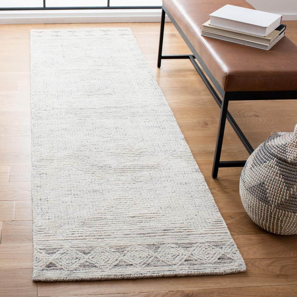 Ivory and Grey Abstract Hand-Tufted Wool Runner Rug