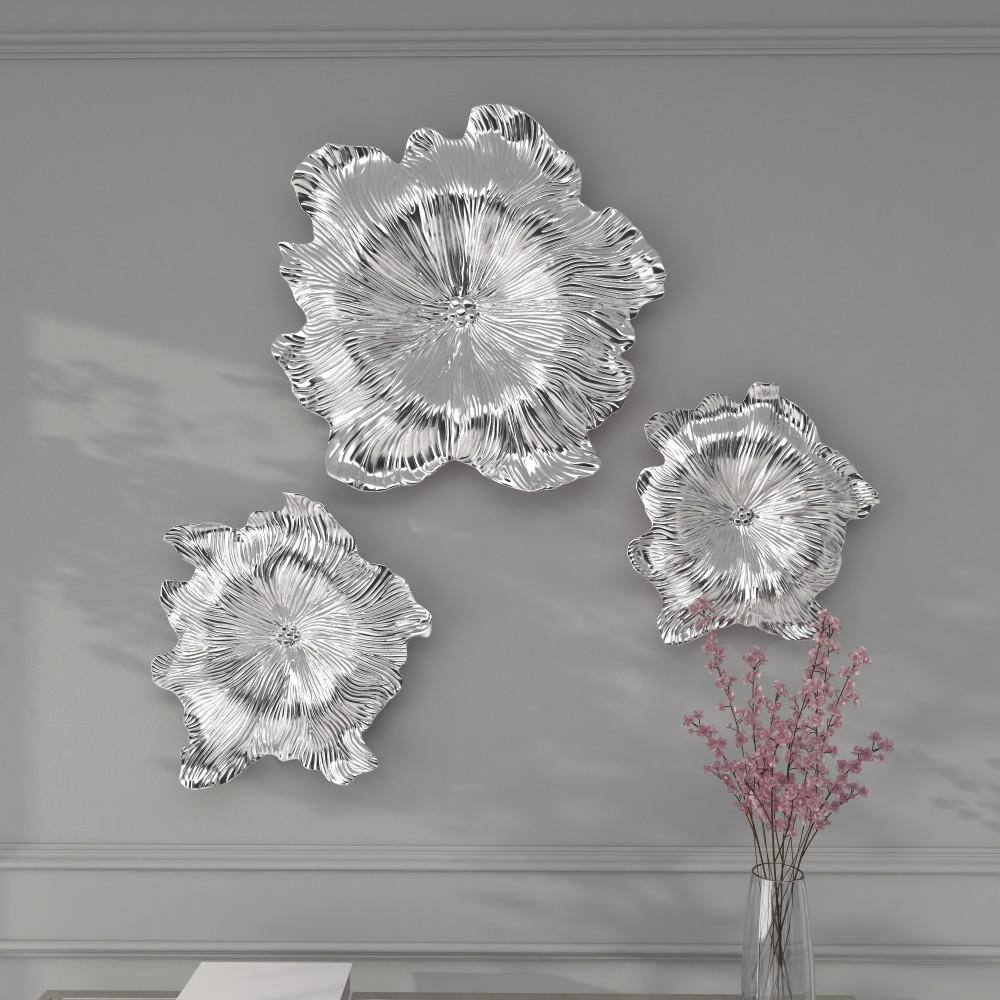 Silver Textured Resin Floral Wall Sculpture Set