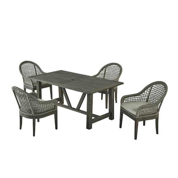 Best Quality Furniture Richard Grey 5-Piece Acacia Wood Rectangle Standard Height Outdoor Dining Set with 4 Grey Cushion Chairs