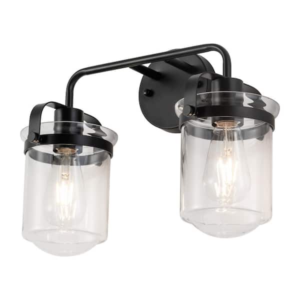Staykiwi 15.75 in. 2-Light Industrial Modern Black Vanity Light with Clear Glass Shade for Bathroom Living Room Bedroom