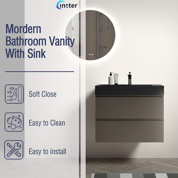 NOBLE 30 in. W x 18 in. D x 25 in. H Single Sink Floating Bath Vanity in Gray with Black Solid Surface Integral Top