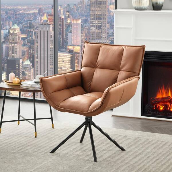 Light Brown Faux Leather Upholstered Swivel Accent Chair Armchair Home Office Chair