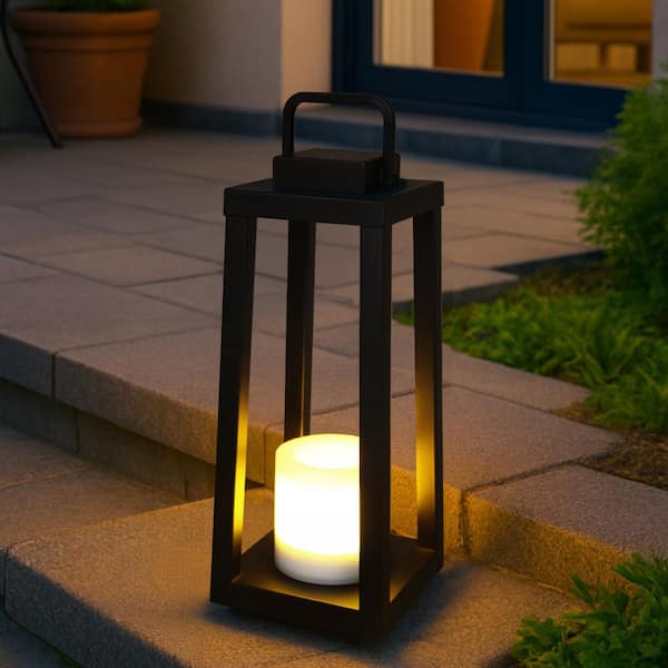 H16" Modern Matte Black Solar Lantern with Candle Shape Outdoor Light Decorative Portable Hanging LED Lights